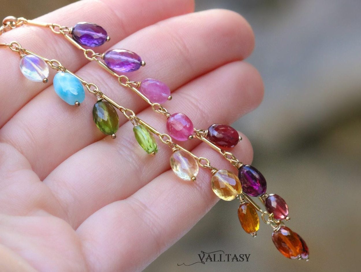 - Rainbow Precious Gemstone Bracelet, Multi Stone Chain Bracelet