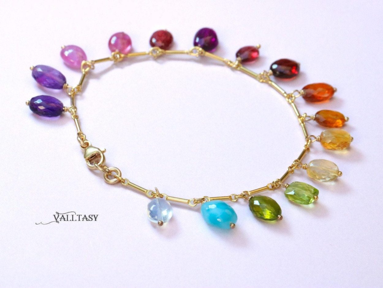 - Rainbow Precious Gemstone Bracelet, Multi Stone Chain Bracelet