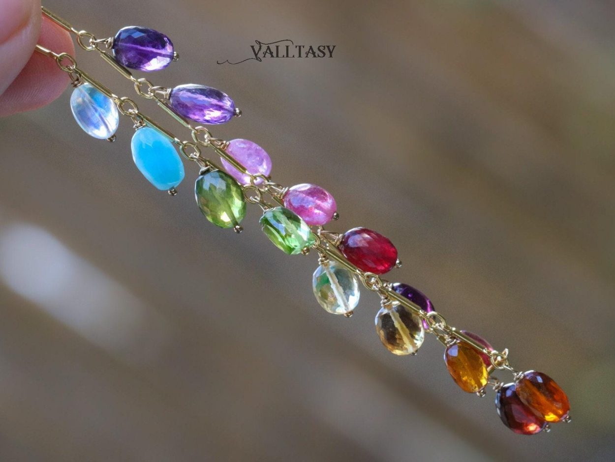 - Rainbow Precious Gemstone Bracelet, Multi Stone Chain Bracelet