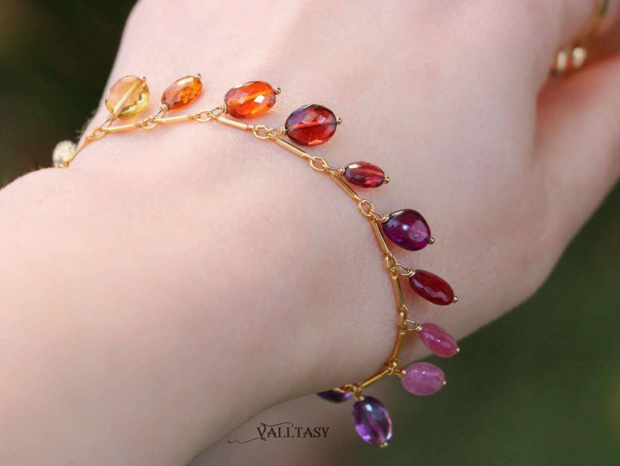 - Rainbow Precious Gemstone Bracelet, Multi Stone Chain Bracelet