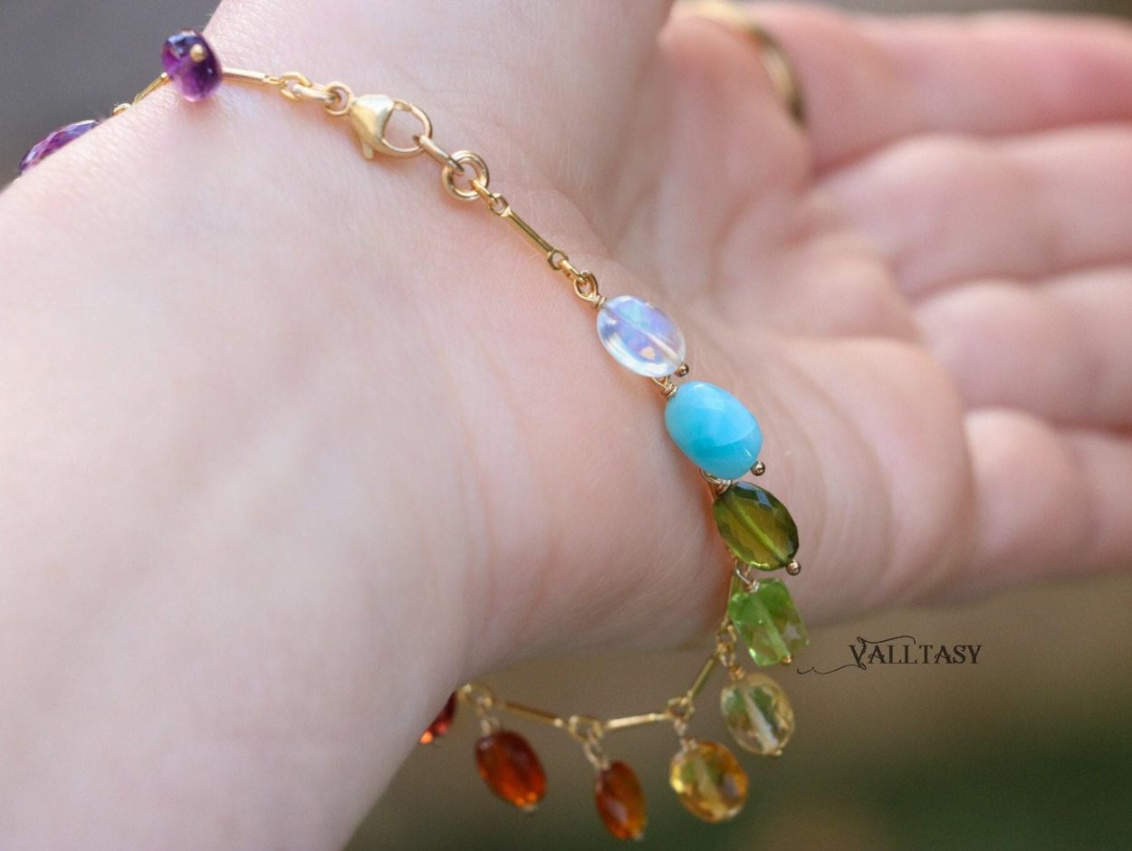 - Rainbow Precious Gemstone Bracelet, Multi Stone Chain Bracelet