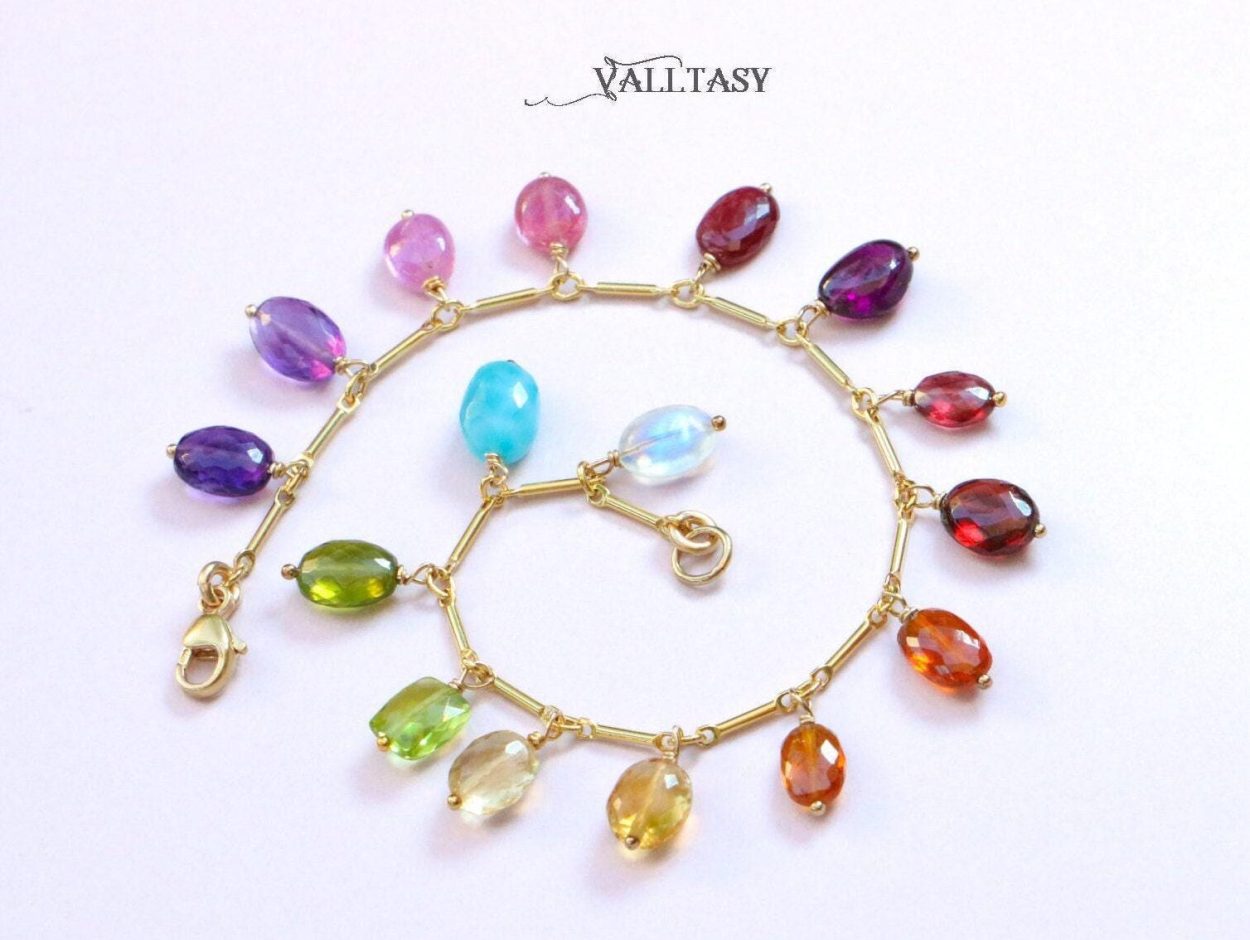 - Rainbow Precious Gemstone Bracelet, Multi Stone Chain Bracelet