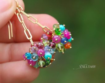 - Semi Precious Gemstone Earrings, Colorful Gemstone Chain Earrings