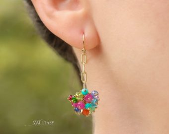 - Semi Precious Gemstone Earrings, Colorful Gemstone Chain Earrings