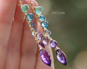 - Solid Gold 14K Aqua Blue Purple Gemstone Dangle Earrings with Amethyst and Topaz