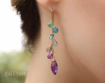 - Solid Gold 14K Aqua Blue Purple Gemstone Dangle Earrings with Amethyst and Topaz