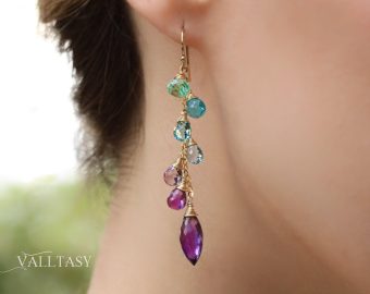 - Solid Gold 14K Aqua Blue Purple Gemstone Dangle Earrings with Amethyst and Topaz