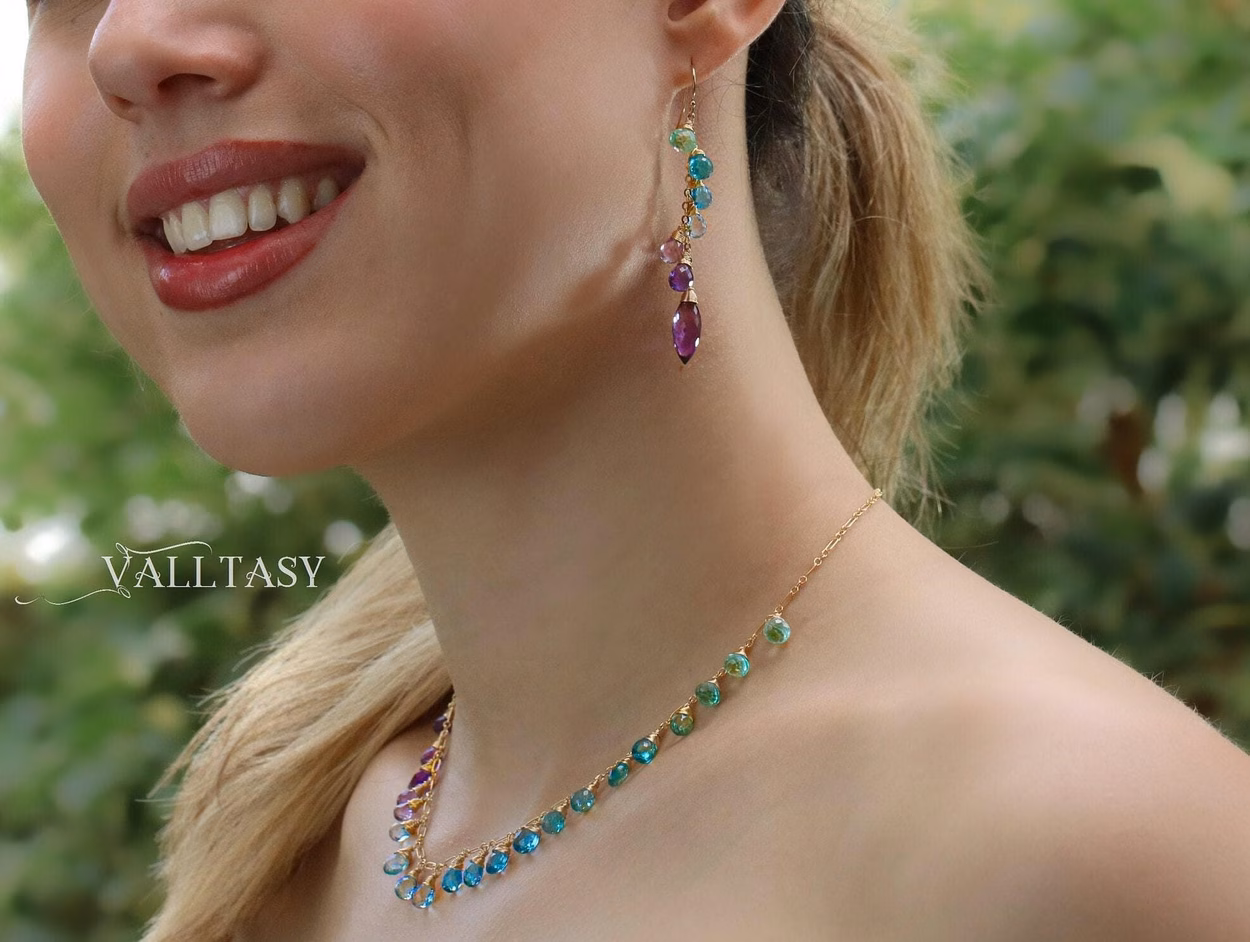 - Solid Gold 14K Aqua Blue Purple Gemstone Dangle Earrings with Amethyst and Topaz