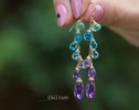- Solid Gold 14K Aqua Blue Purple Gemstone Dangle Earrings with Amethyst and Topaz
