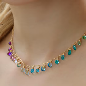 Where the Ocean Ends Necklace – Solid Gold 14K Aqua Blue Purple Gemstone Drop Necklace, Statement Semi Precious Stone Necklace
