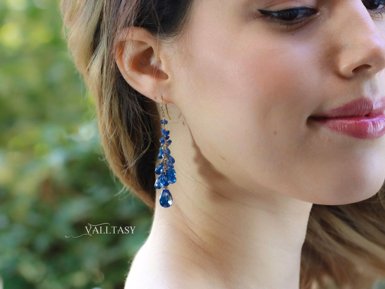- Solid Gold 14K Blue Kyanite Earrings, Blue Long Cluster Gemstone Earrings