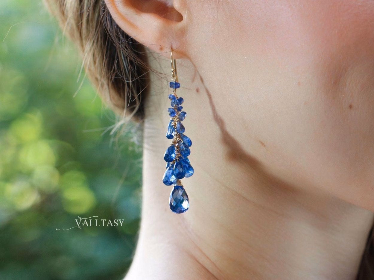 - Solid Gold 14K Blue Kyanite Earrings, Blue Long Cluster Gemstone Earrings