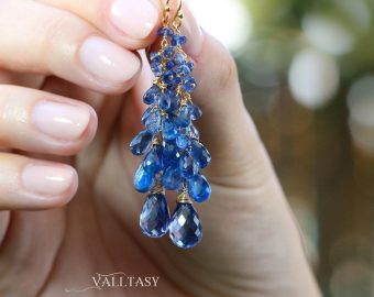 - Solid Gold 14K Blue Kyanite Earrings, Blue Long Cluster Gemstone Earrings