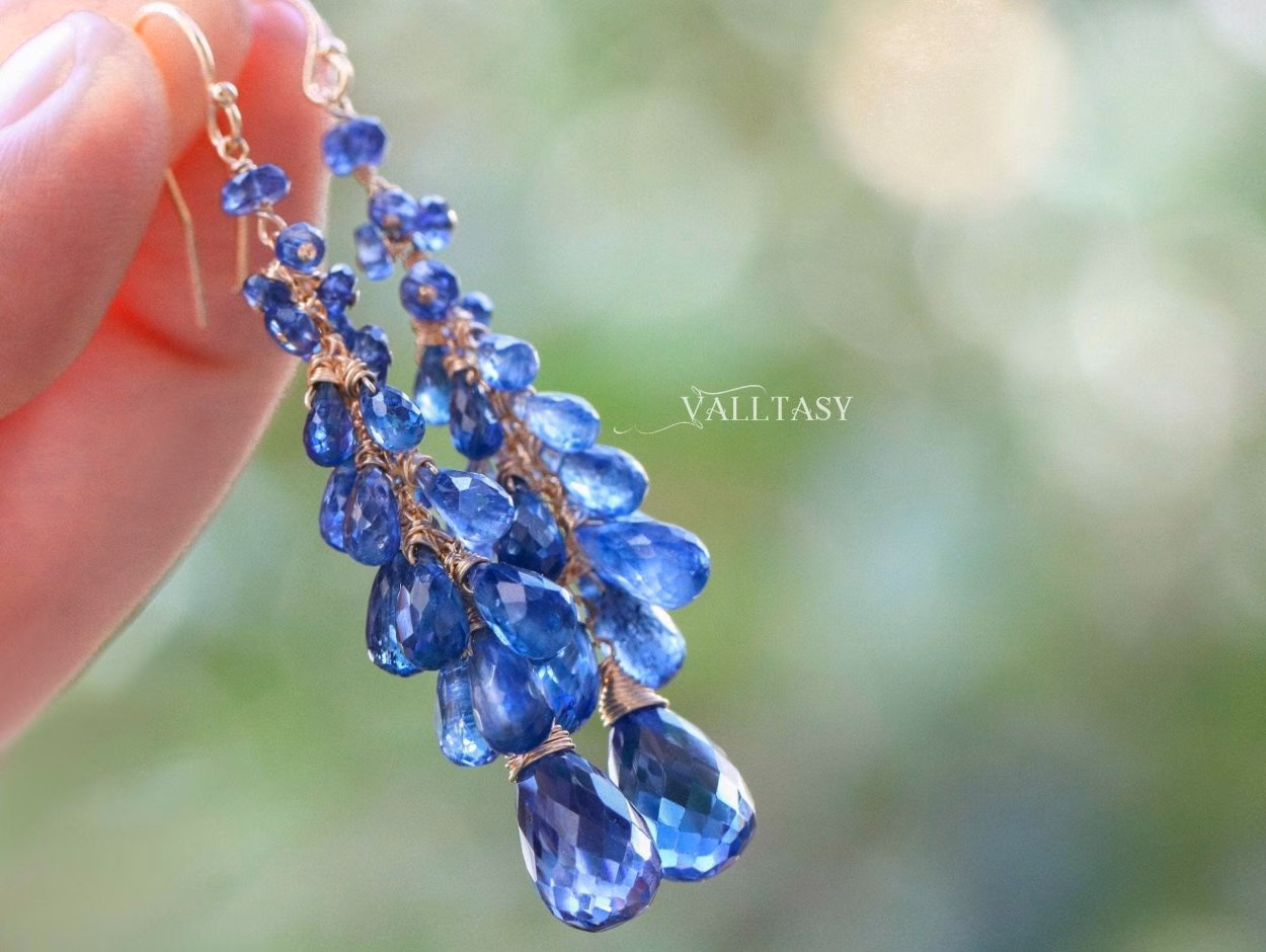 - Solid Gold 14K Blue Kyanite Earrings, Blue Long Cluster Gemstone Earrings