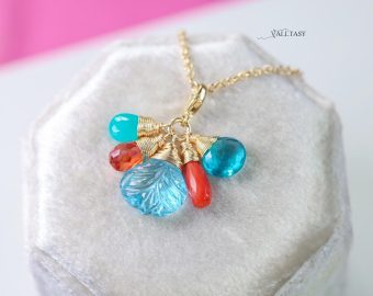 - Solid Gold 14K Carved Blue Topaz and Italian Coral Charm with a Lobster Clasp