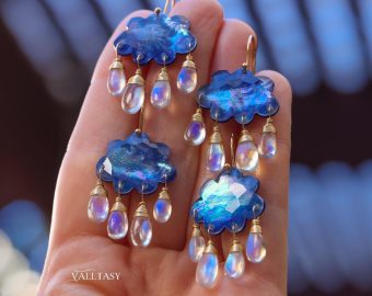 - Solid Gold 14K Cloud Moonstone Earrings, Unique Earrings Design