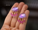 - Solid Gold 14K Cloud Pink Amethyst and Sapphire Earrings, Unique Earrings Design