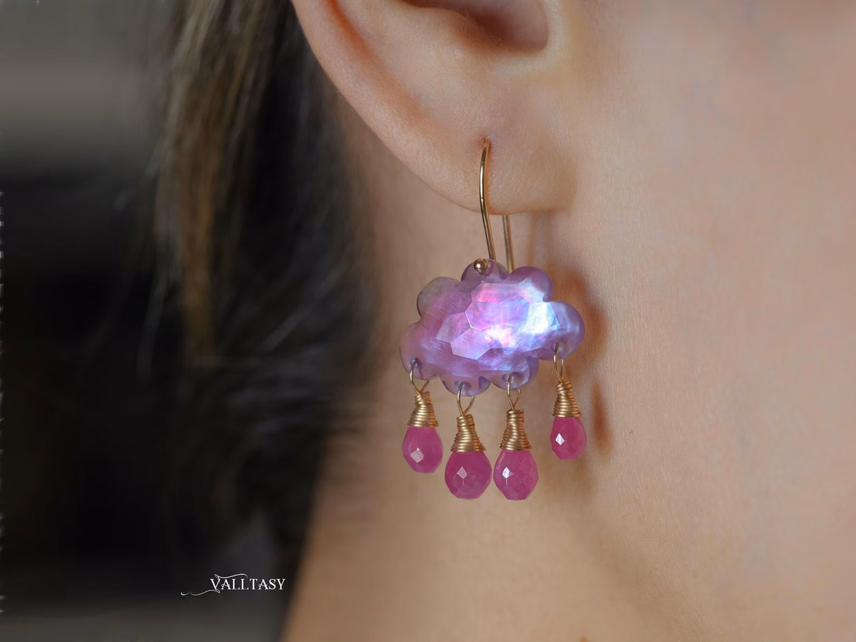 - Solid Gold 14K Cloud Pink Amethyst and Sapphire Earrings, Unique Earrings Design