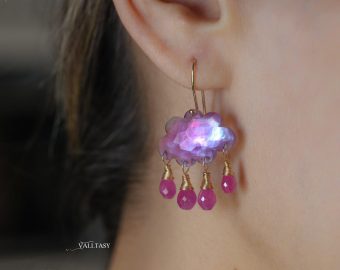 - Solid Gold 14K Cloud Pink Amethyst and Sapphire Earrings, Unique Earrings Design