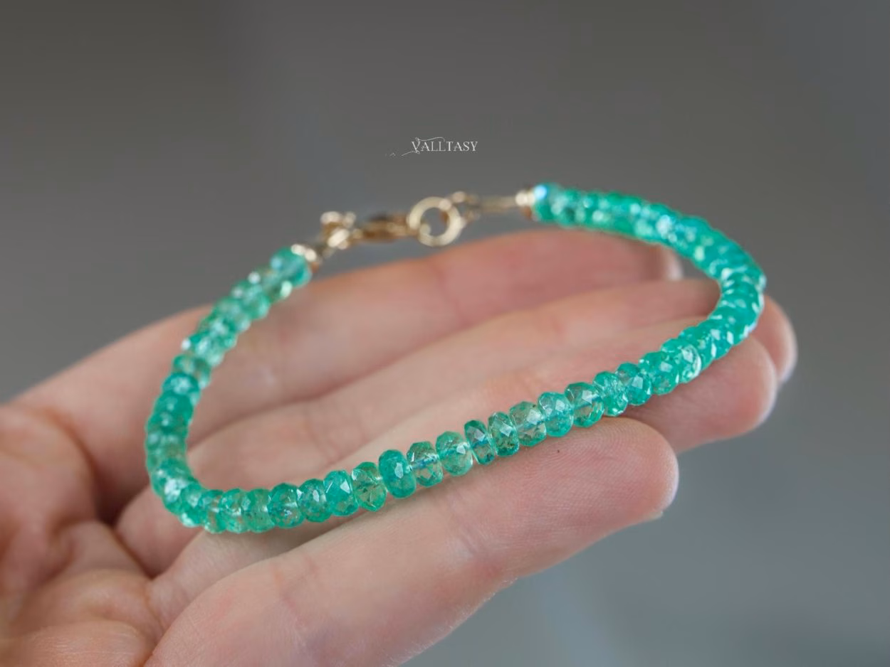 - Solid Gold 14K Colombian Emerald Bracelet, Genuine Emerald Stacking Beaded Bracelet