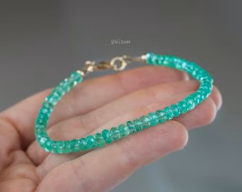 - Solid Gold 14K Colombian Emerald Bracelet, Genuine Emerald Stacking Beaded Bracelet