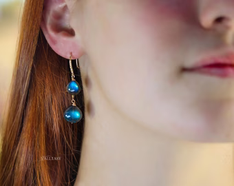 - Solid Gold 14K Diamond Labradorite Earrings