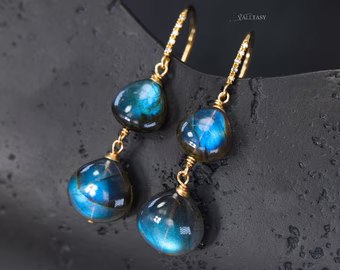 - Solid Gold 14K Diamond Labradorite Earrings