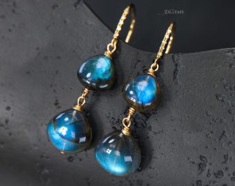 - Solid Gold 14K Diamond Labradorite Earrings