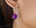 - Solid Gold 14K Diamond Oval Amethyst Earrings, Genuine Natural Amethyst Earrings