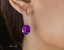 - Solid Gold 14K Diamond Oval Amethyst Earrings, Genuine Natural Amethyst Earrings