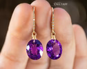 - Solid Gold 14K Diamond Oval Amethyst Earrings, Genuine Natural Amethyst Earrings