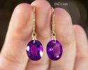 - Solid Gold 14K Diamond Oval Amethyst Earrings, Genuine Natural Amethyst Earrings