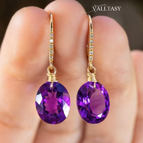 The Twilight Earrings - Solid Gold 14K Diamond Oval Amethyst Earrings, Genuine Natural Amethyst Earrings