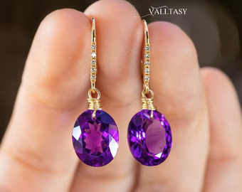 - Solid Gold 14K Diamond Oval Amethyst Earrings, Genuine Natural Amethyst Earrings