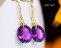 - Solid Gold 14K Diamond Oval Amethyst Earrings, Genuine Natural Amethyst Earrings