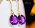 - Solid Gold 14K Diamond Oval Amethyst Earrings, Genuine Natural Amethyst Earrings