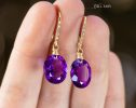 - Solid Gold 14K Diamond Oval Amethyst Earrings, Genuine Natural Amethyst Earrings