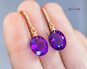 - Solid Gold 14K Diamond Oval Amethyst Earrings, Genuine Natural Amethyst Earrings