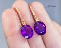 - Solid Gold 14K Diamond Oval Amethyst Earrings, Genuine Natural Amethyst Earrings