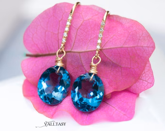 - Solid Gold 14K Diamond Oval London Blue Topaz Earrings