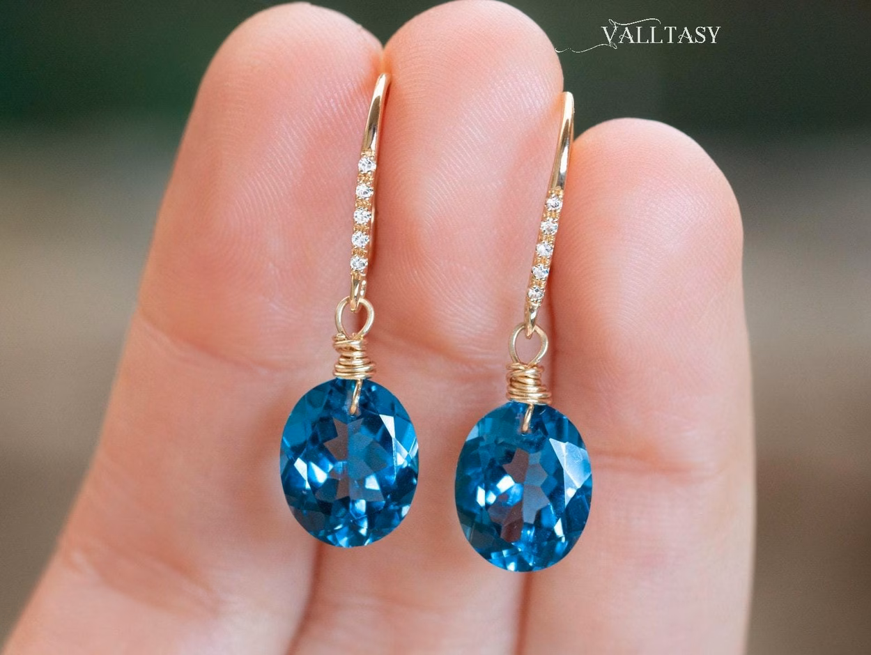 - Solid Gold 14K Diamond Oval London Blue Topaz Earrings