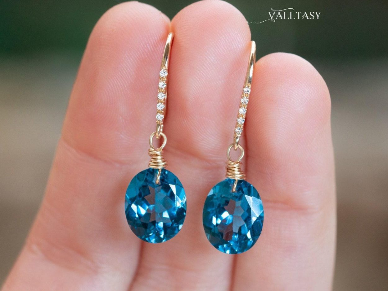 - Solid Gold 14K Diamond Oval London Blue Topaz Earrings
