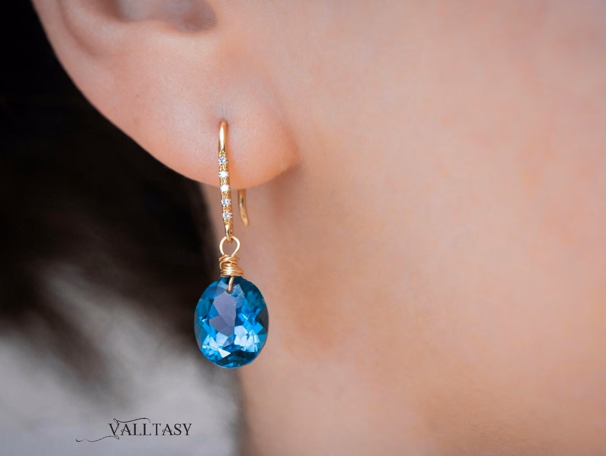 - Solid Gold 14K Diamond Oval London Blue Topaz Earrings