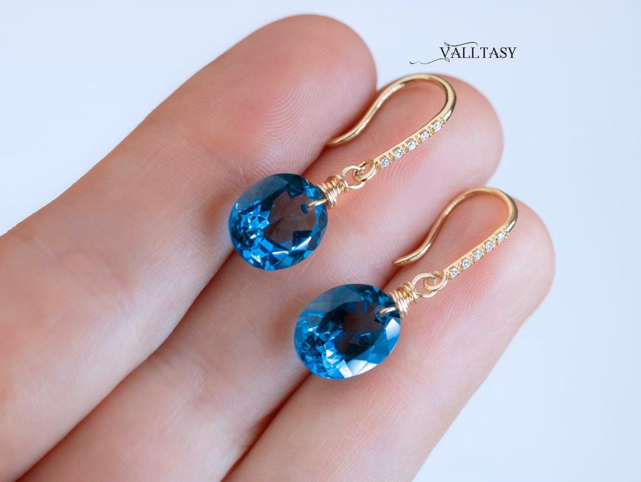 - Solid Gold 14K Diamond Oval London Blue Topaz Earrings
