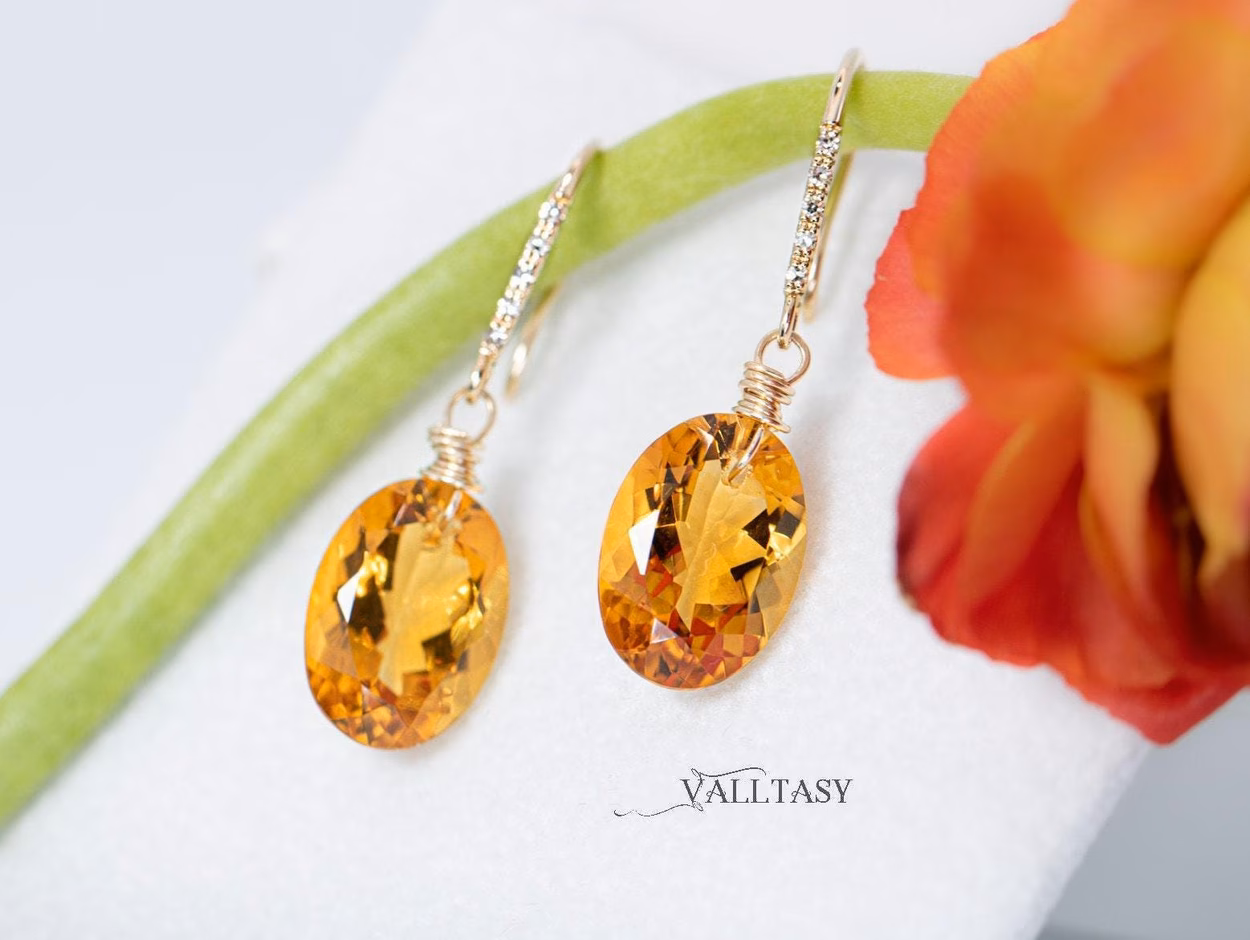 - Solid Gold 14K Diamond Oval Madeira Citrine Earrings, Genuine Natural Citrine Earrings