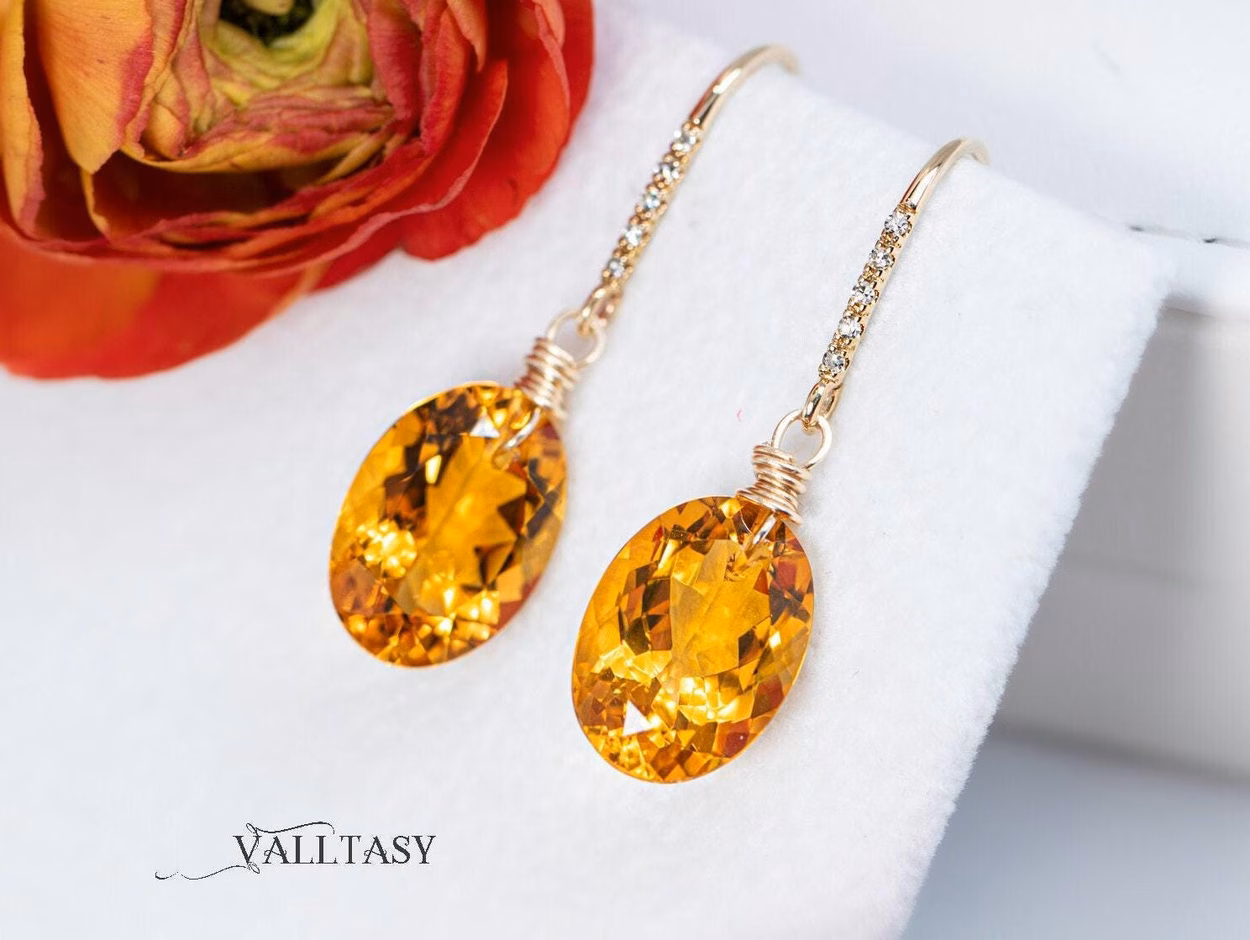- Solid Gold 14K Diamond Oval Madeira Citrine Earrings, Genuine Natural Citrine Earrings