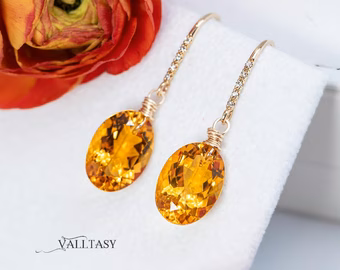 - Solid Gold 14K Diamond Oval Madeira Citrine Earrings, Genuine Natural Citrine Earrings