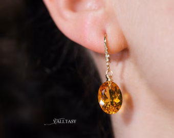 - Solid Gold 14K Diamond Oval Madeira Citrine Earrings, Genuine Natural Citrine Earrings