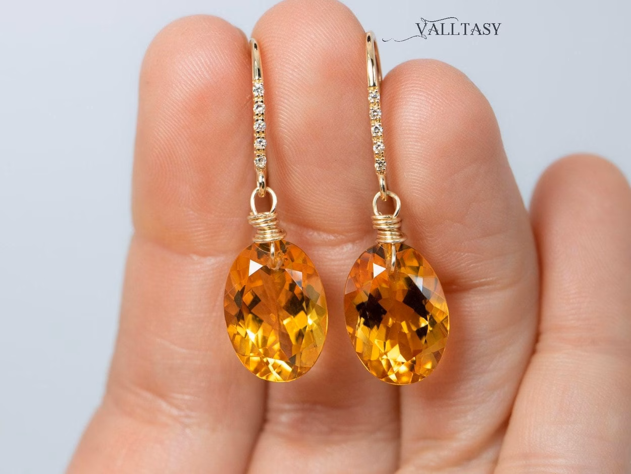 - Solid Gold 14K Diamond Oval Madeira Citrine Earrings, Genuine Natural Citrine Earrings