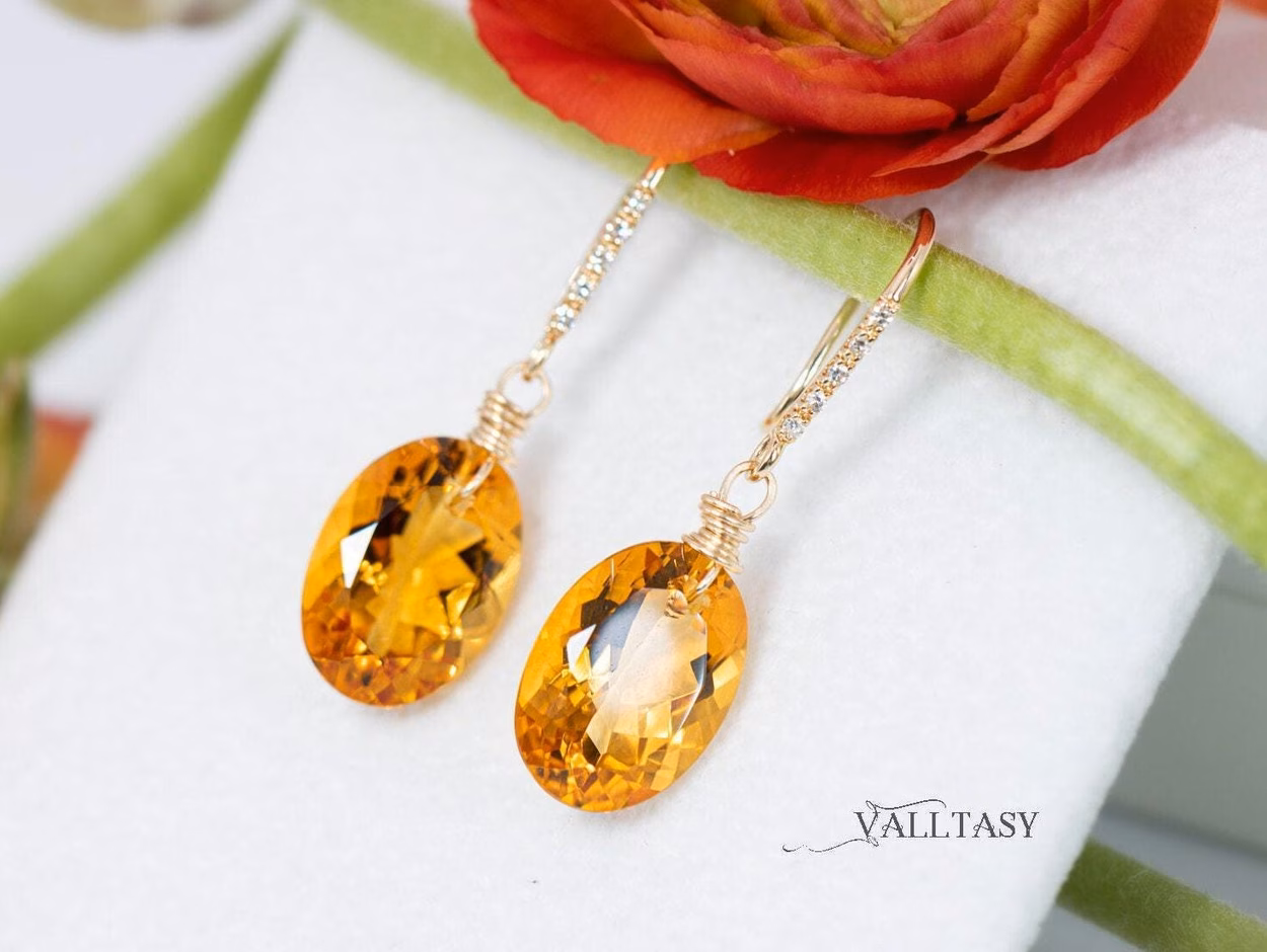 - Solid Gold 14K Diamond Oval Madeira Citrine Earrings, Genuine Natural Citrine Earrings
